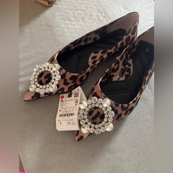 Zara Shoes - Zara Leopard Print Pointed Flats with Crystal Circle Buckle